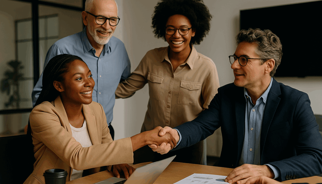 Pessoas diversas, em um ambiente corporativo, cumprimentando-se ou reunidas em uma mesa, demonstrando colaboração e integração.